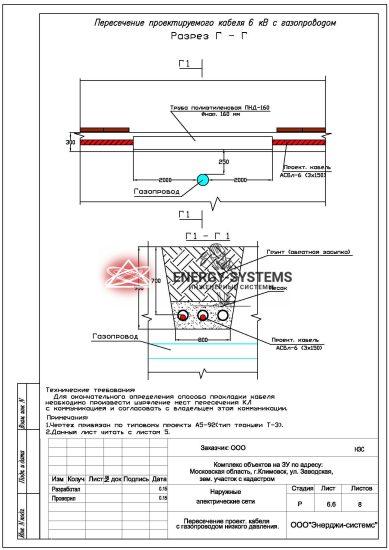 Пересечение проектируемого кабеля с газопроводом