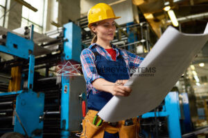 женщина в каске изучает проект на работе