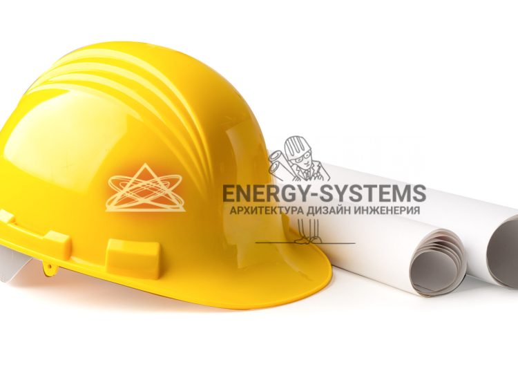 желтая каска и свернутые проекты на белом фоне