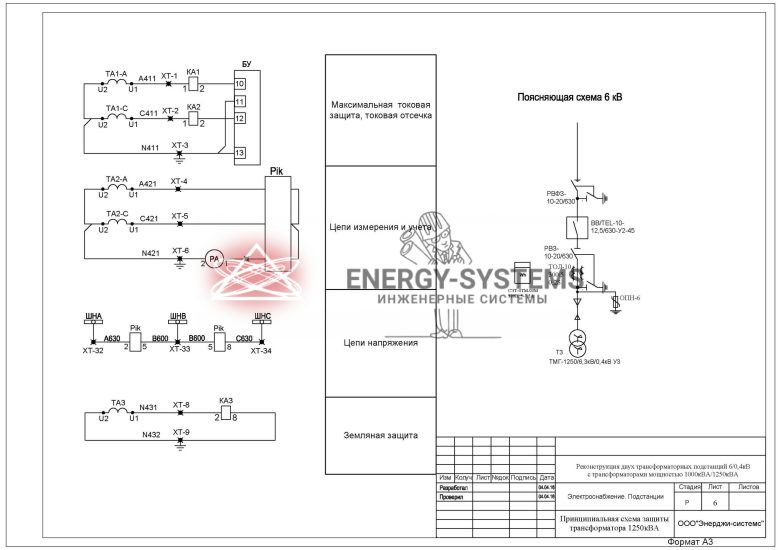 Принципиальная схема защиты трансформатора 1250 кВа