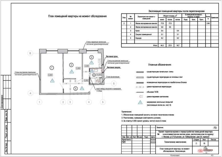 План помещений квартиры на момент обследования