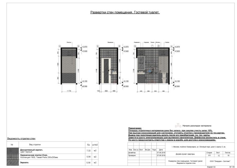 Развёртки стен помещения. Гостевой туалет