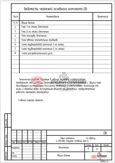 Ведомость чертежей