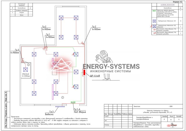 Экспликация помещений. План расположения оборудования и прокладки групповых осветительных сетей