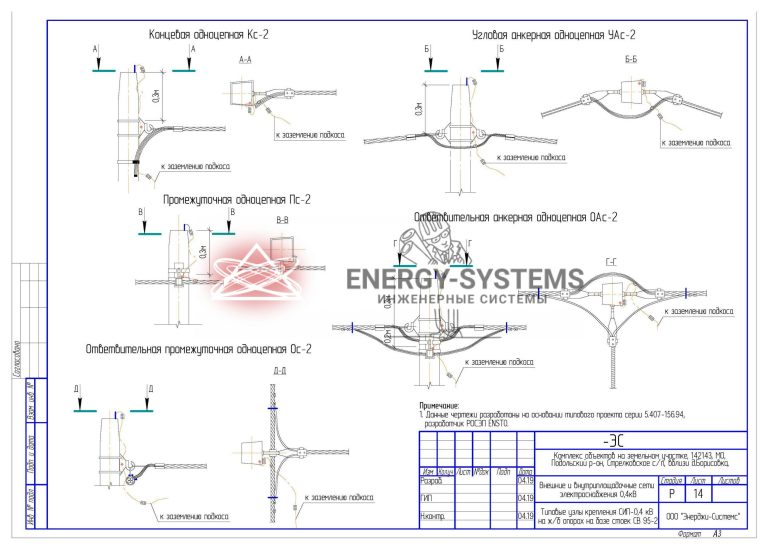 Типовые узлы крепления СИП 0,4 кВ на ж/б опорах