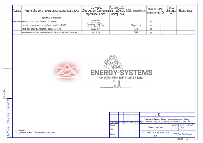 План-схема питающей линии 0,4 кВ